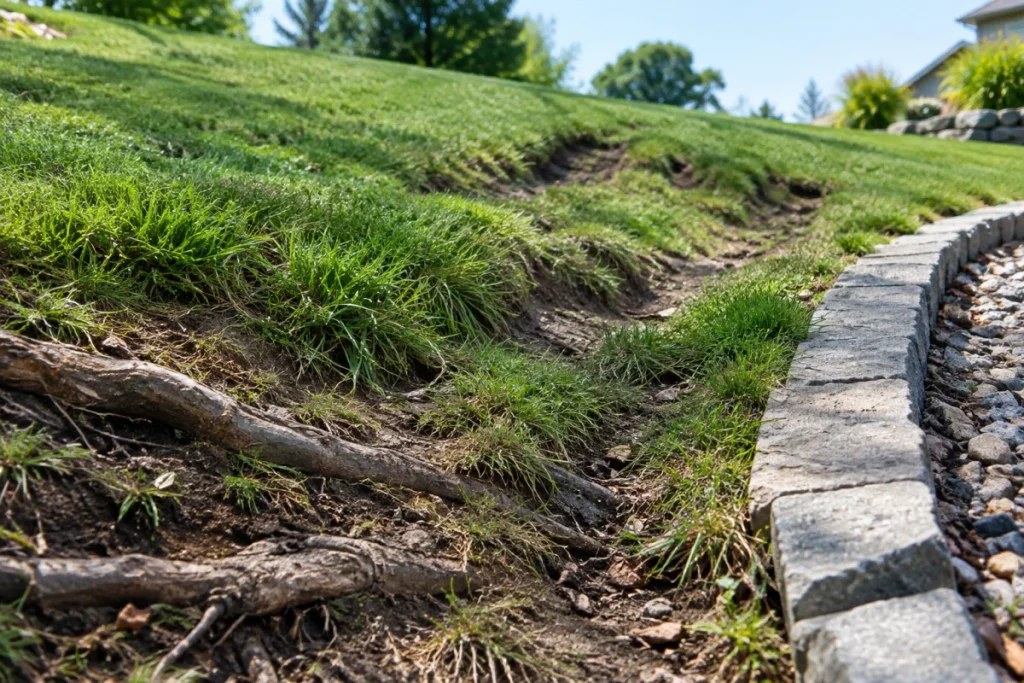 Close, ground-level view of a sloped lawn transition with uneven turf, shallow ruts, exposed roots, and a hard edging change that could cause small mower w