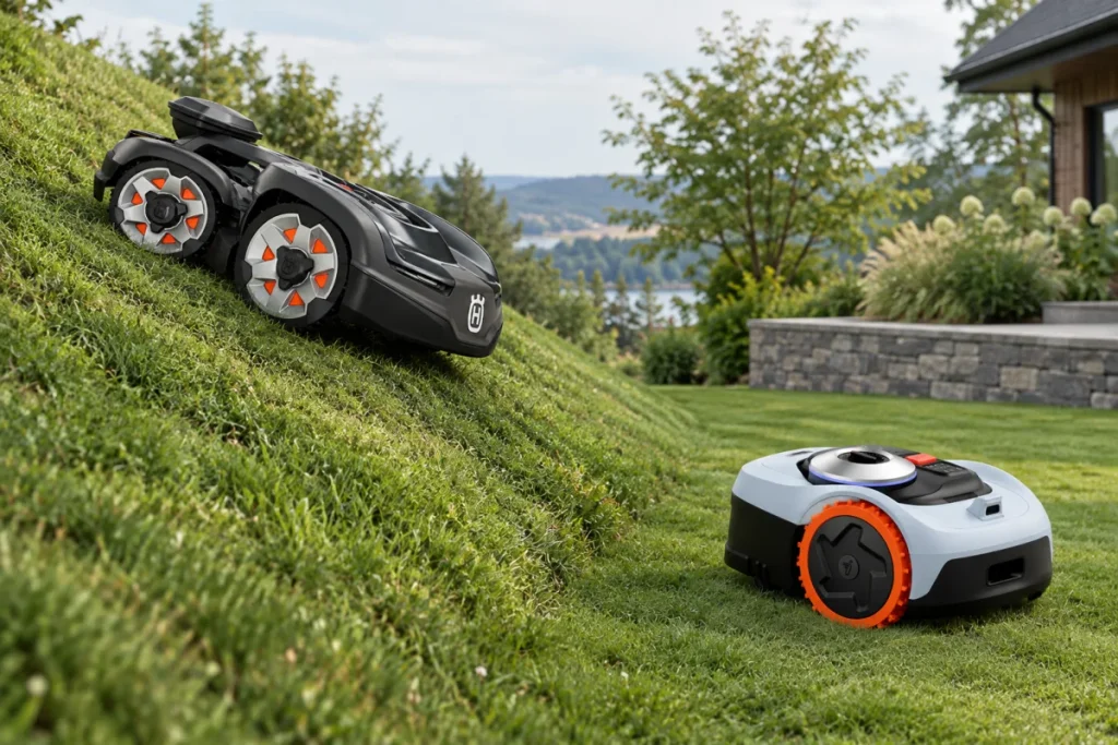 A non-branded robotic mower on a visibly steep grassy bank beside a flatter lawn area, showing the incline clearly without text or measurement labels.