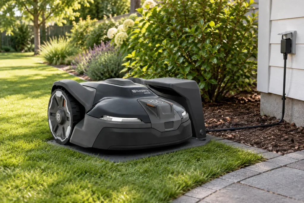 A generic robotic mower charging station set on level turf with a clear straight approach, a nearby outdoor power outlet, and the low-voltage cable routed