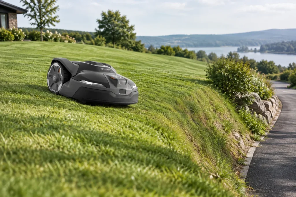 A non-branded robotic mower on a broad rolling lawn slope, visually contrasted in the same scene with a steeper perimeter bank beside a driveway or ditch t