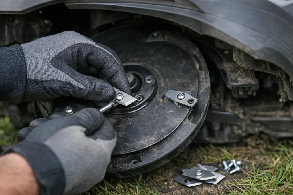 Gloved hands replacing one small pivoting blade with a screw on the underside cutting disc of a robotic lawn mower, with the mower powered off and no visib