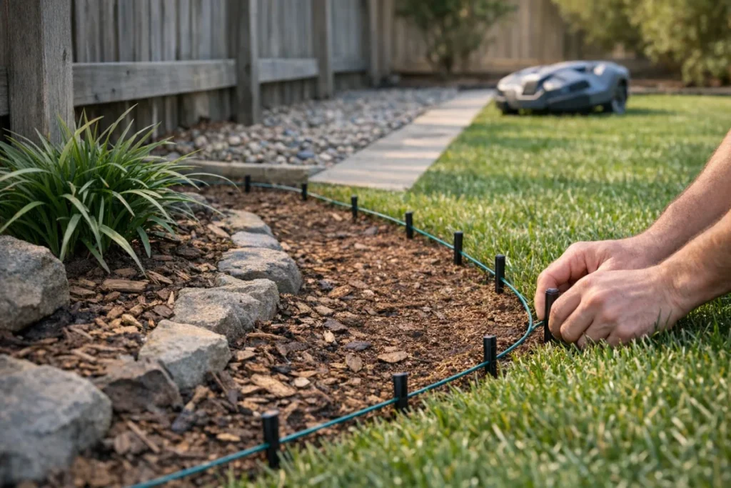 A real lawn edge with unbranded boundary wire pinned by closely spaced stakes as it curves around a mulch bed or landscape island, with a fence or obstacle