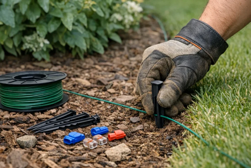 A close, non-branded real yard scene with boundary wire, plastic stakes, connectors, and a gloved hand pegging the wire along the edge of grass near a plan