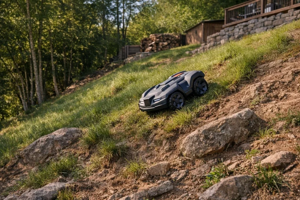 A non-branded robotic mower climbing a noticeably steep grassy slope in a real yard, with the incline and uneven ground clearly visible and no text overlay