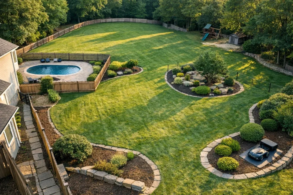 A high-angle view of a large residential lawn divided into multiple mowable areas by a fence, narrow side passage, trees, or landscaping, emphasizing layou