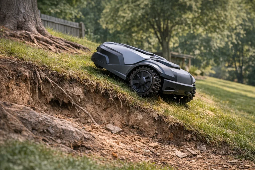 A non-branded robotic mower climbing a visibly steep, uneven grassy bank with ruts or a rough transition nearby, shot low enough to show wheel contact and