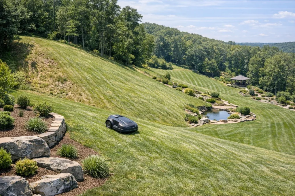A broad, non-branded residential lawn scene with rolling terrain, a hill section, and separate mowing zones around landscaping, with a generic robotic mowe