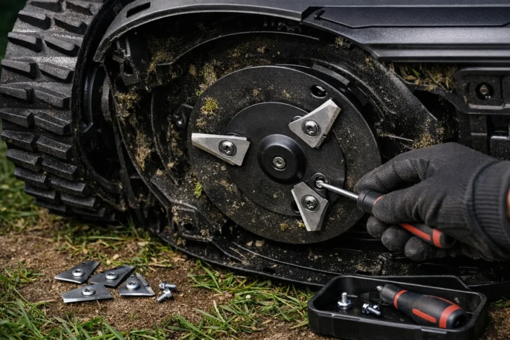 A clean underside view of a generic robotic mower showing a small rotating cutting disc with three replaceable pivoting blades, photographed during mainten