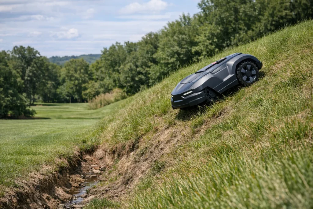 A non-branded robotic lawn mower climbing a noticeably steep grassy bank or drainage swale, with flatter lawn visible below for terrain context.