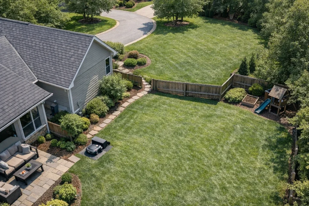 High-angle view of a residential yard with separate front, back, and side lawn areas connected by a narrow passage around the house, with a small generic r