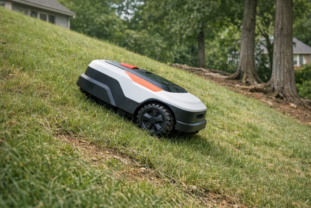 A compact robot mower working across a visibly sloped grassy side yard, photographed from the side so the incline and wheel contact with the grass are clea