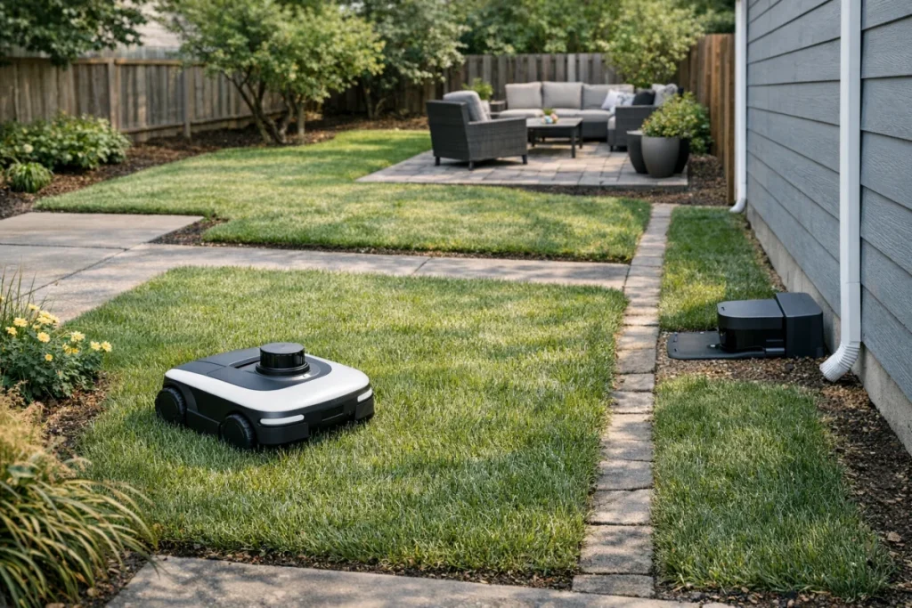 A compact robotic mower working in a small residential lawn made up of separate areas, with a front patch, a narrow side strip, a patio edge, and a chargin