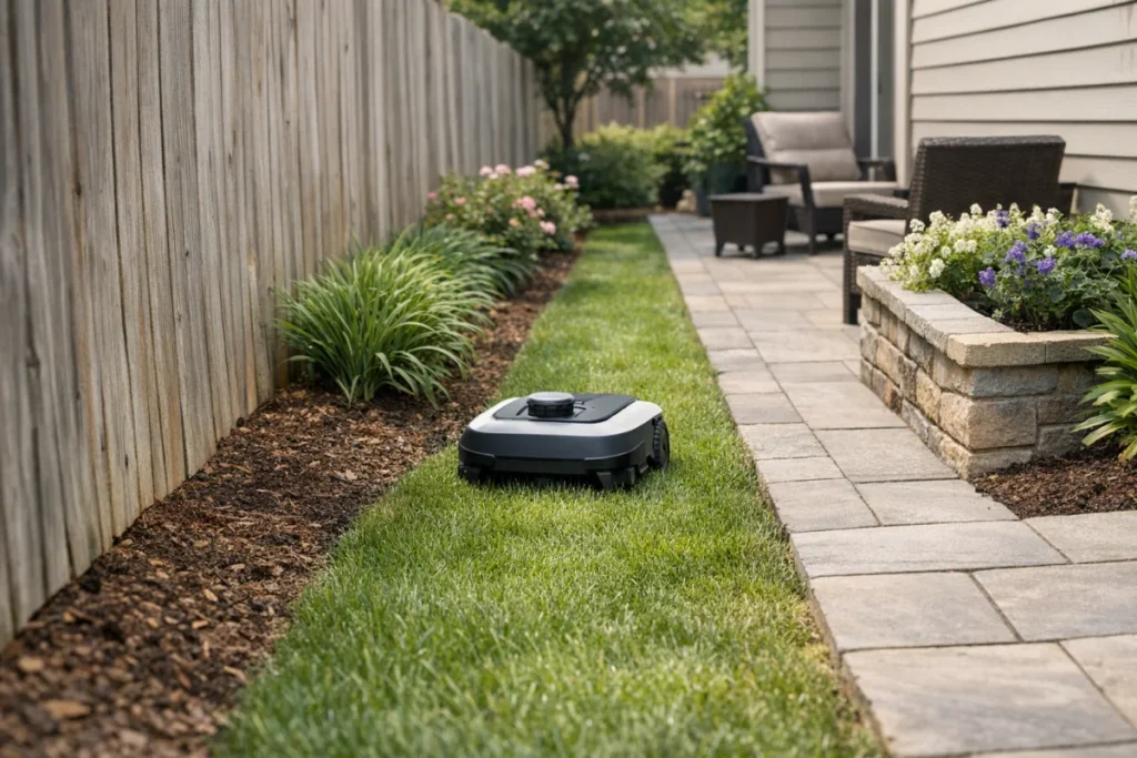 A wide outdoor view of a compact, unbranded robotic mower working in a narrow residential side-yard strip between a fence, planting bed, and patio edge, wi