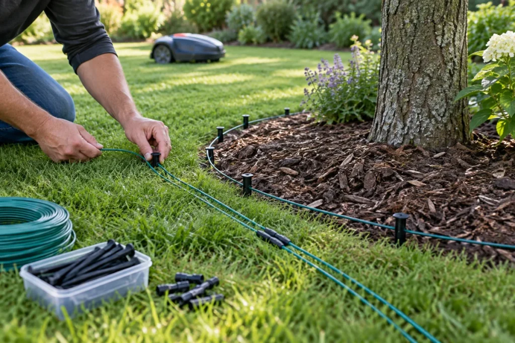 A close, low-angle real yard setup showing boundary wire pegged around a tree mulch ring or flower bed, with the outbound and return wire runs lying neatly