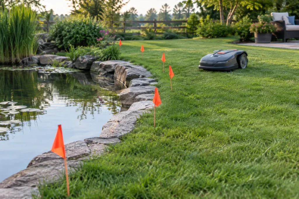 A ground-level or slightly overhead yard photo showing a robot mower kept well back from a pond or pool edge by a clearly visible line of marking flags set