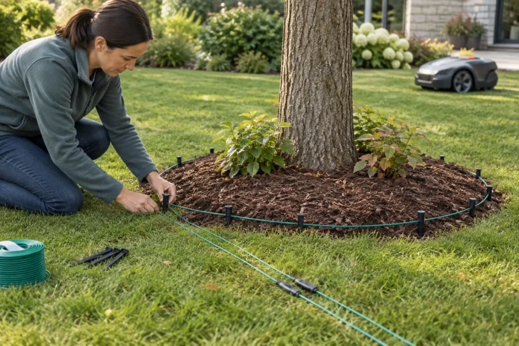 A ground-level setup photo showing boundary wire pegged around a tree mulch ring or raised bed, with the outgoing and returning wire runs lying side by sid