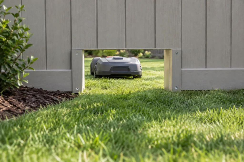 A low, real-world view of a small robot mower passage cut through the bottom of a wooden or vinyl fence, with the opening size clearly visible and no dog p