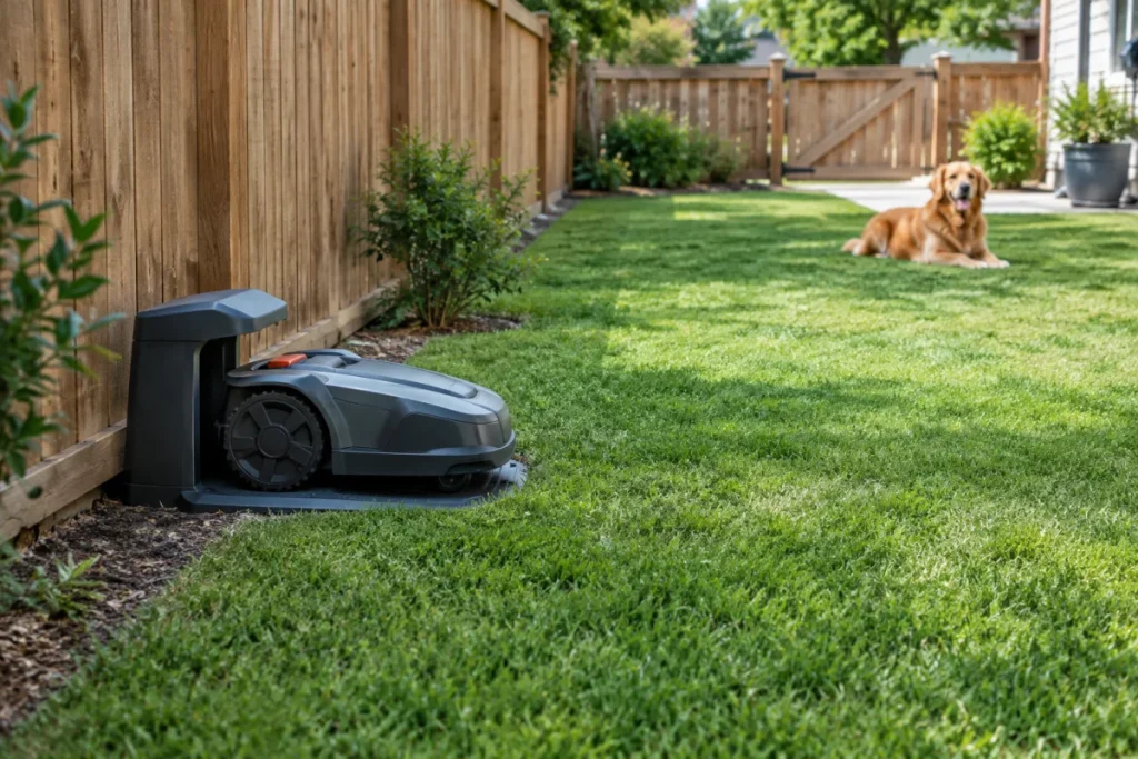 A robot mower charging dock set along a quiet fence-side section of lawn with open clearance in front, no toys nearby, and a gate or busy path visible fart