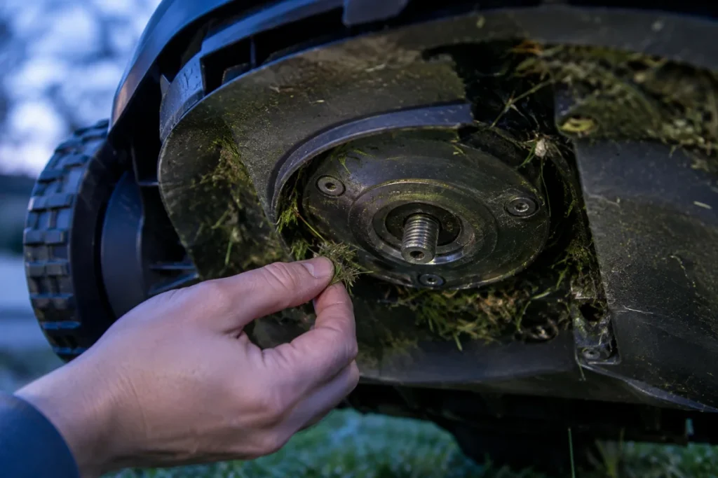 A close underside view of a robot mower blade carrier with one blade removed, showing the threaded mounting point, surrounding grass debris brushed aside,