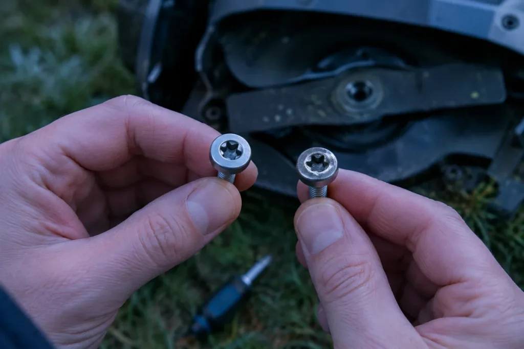 A close-up comparison of two small robot mower blade screws: one with a crisp driver recess and one with a visibly rounded, partially stripped recess.