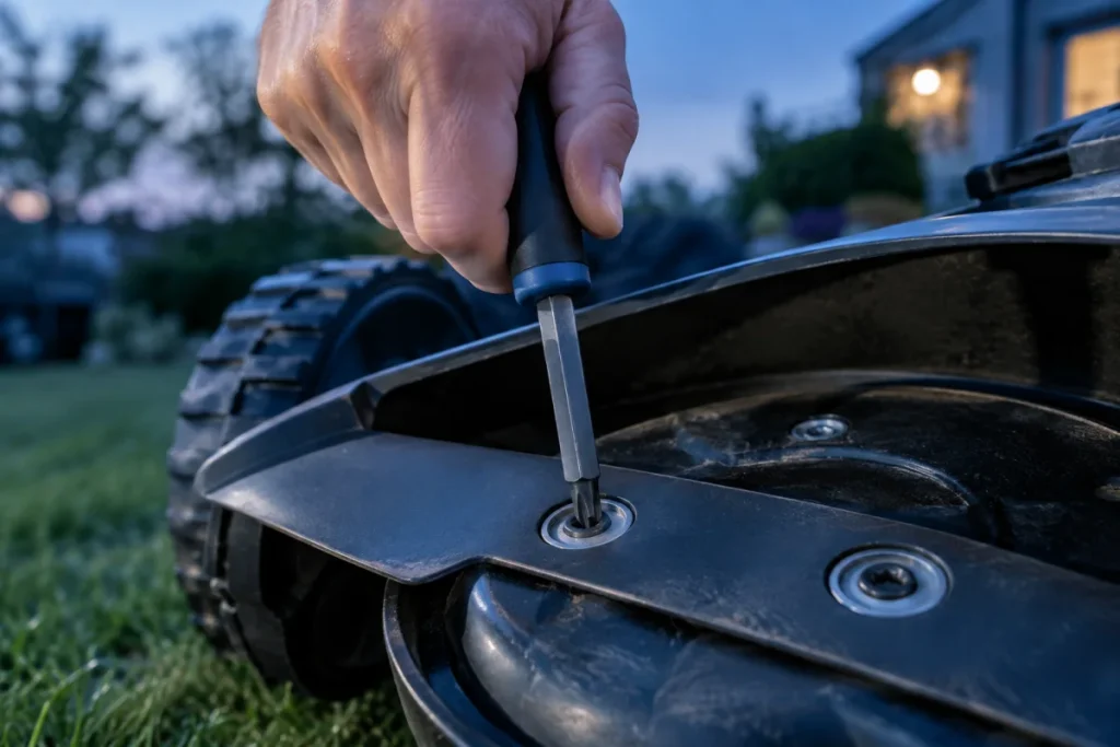 A tight macro view of a clean robot mower blade screw with the correct Torx or hex bit seated straight down in the recess, showing no visible wobble or gap