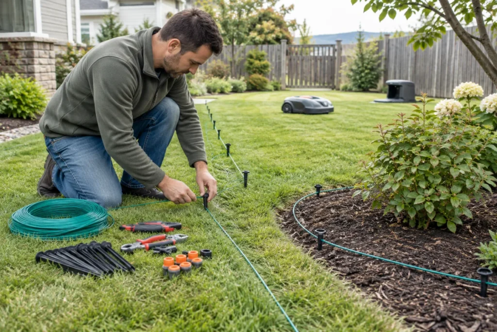 A non-branded robot mower installation setup with boundary wire pinned along a lawn edge, extra wire looping around a small planting bed, plastic stakes, c