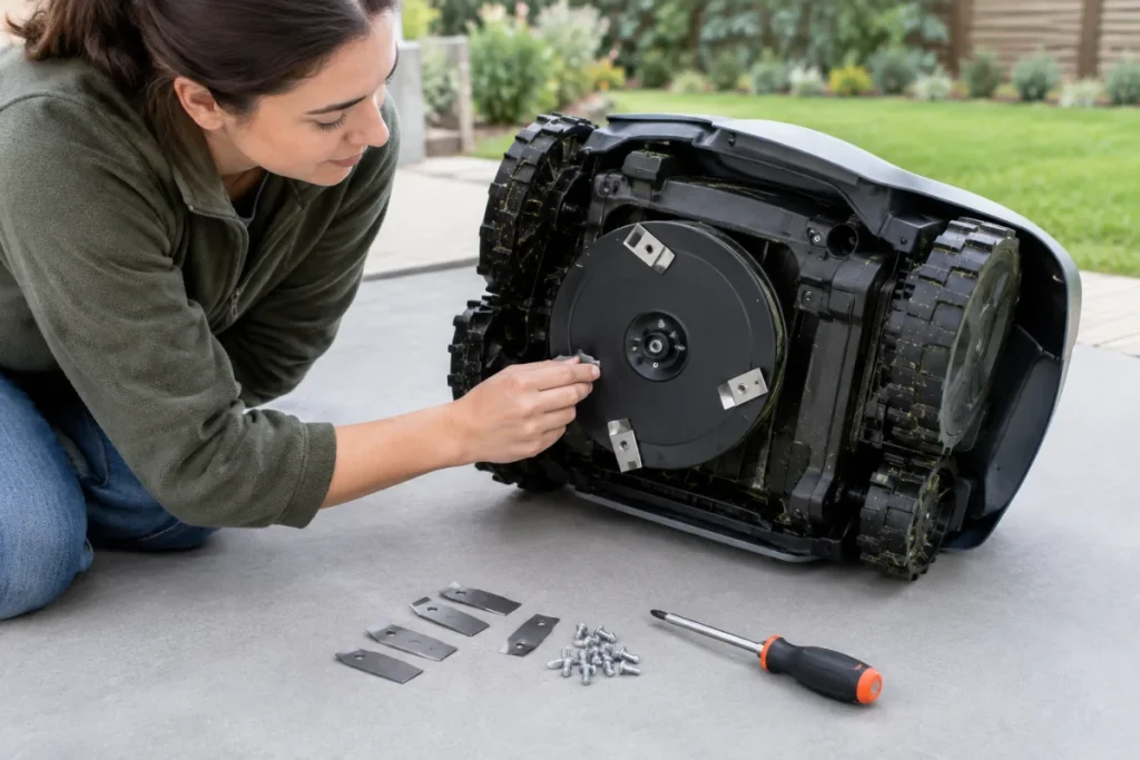 Close-up of a robot mower turned safely on its side with several small cutting blades, tiny screws, and a screwdriver laid out beside the blade disc on a c