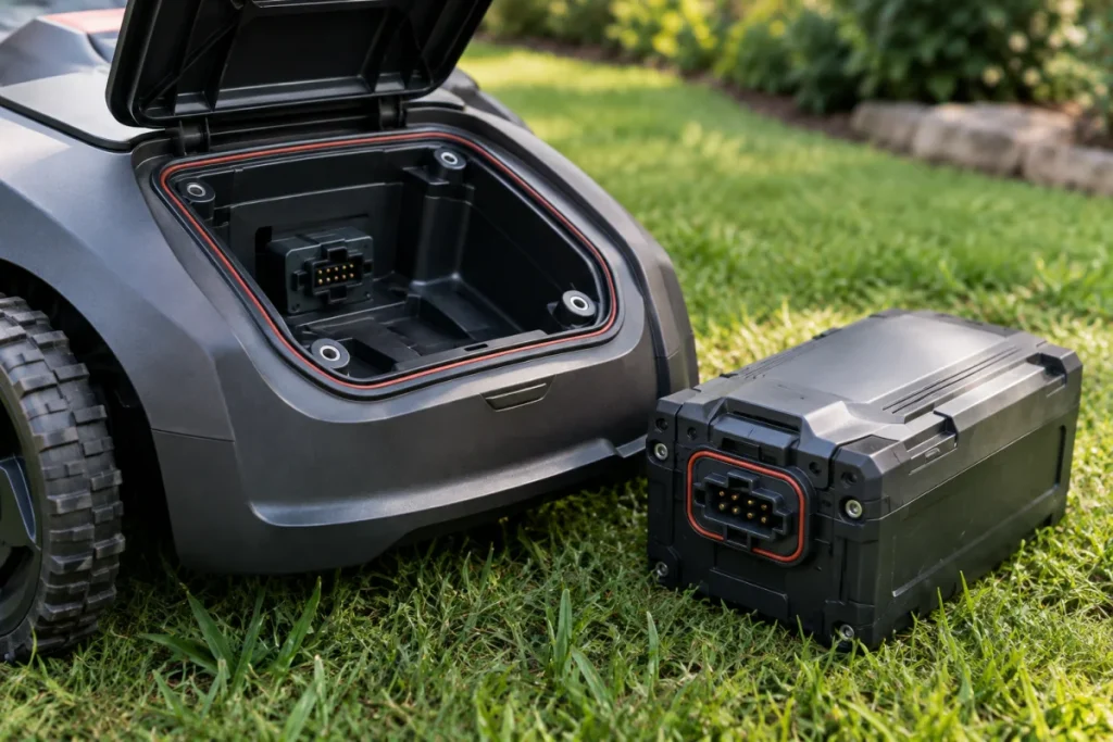 A close-up of a non-branded robot mower battery compartment with the battery pack removed and placed beside it, clearly showing the keyed connector, molded