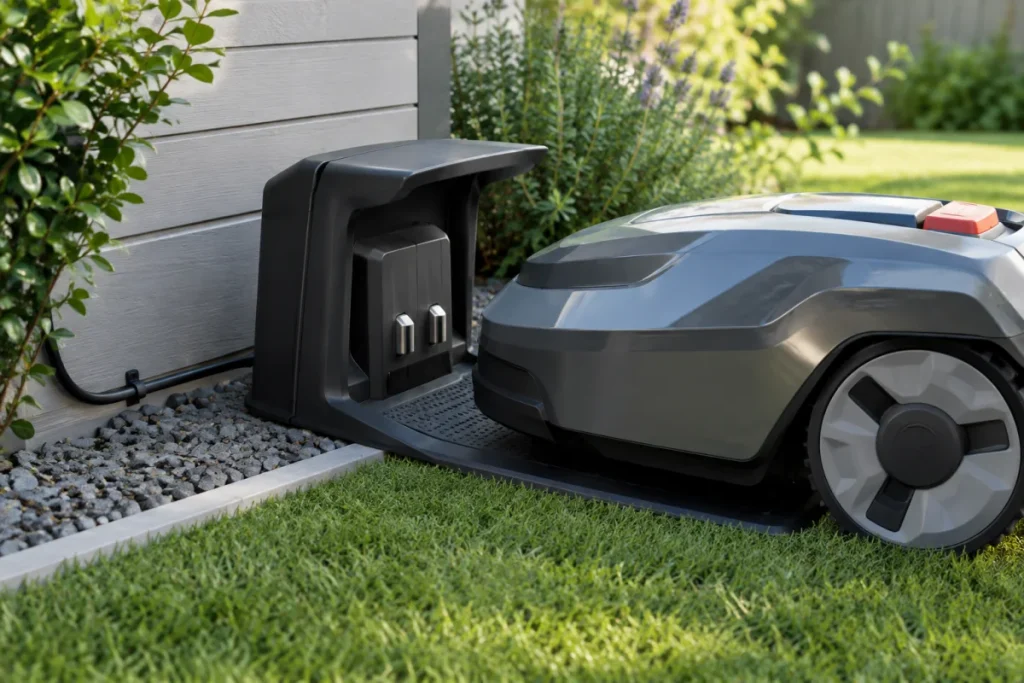 A close-up of a robot mower docking area showing clean metal charging contacts, the mower aligned squarely on the base, and a visibly tidy power lead with