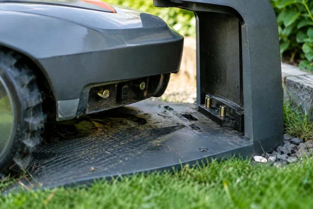 A close-up of a robot mower seated in its charging station, showing the metal charging contacts, docking alignment, and light debris or oxidation around th