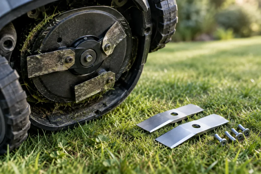 A close-up under a non-branded robot mower showing worn, dull cutting blades beside clean new replacement blades and screws for comparison.