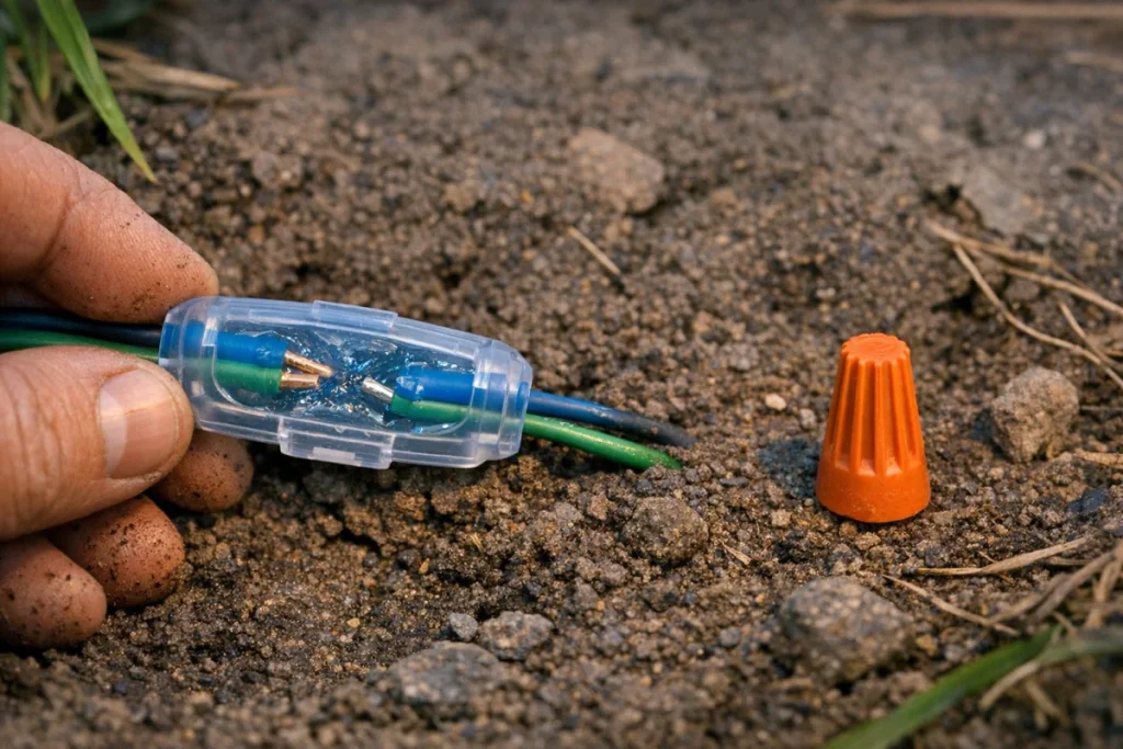 A non-branded lawn-wire repair setup on soil showing two boundary wire ends joined inside a waterproof gel-filled coupler, with a plain indoor wire nut set