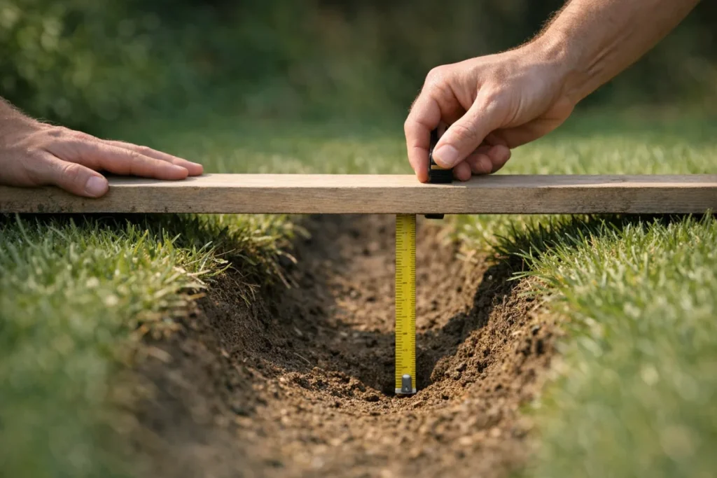 A straight board laid across a narrow lawn rut with a measuring stick dropping from the underside of the board to the bottom of the depression, showing gra