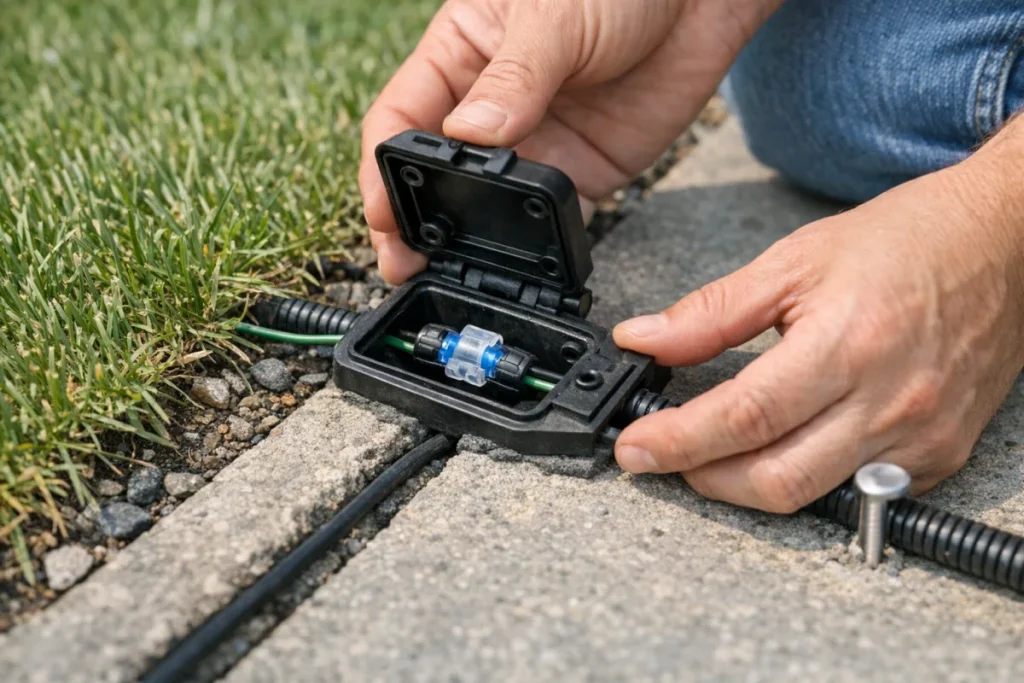 A close-up of boundary wire or guide wire protected along a driveway edge or expansion joint, with a visible connector or access point placed where it coul