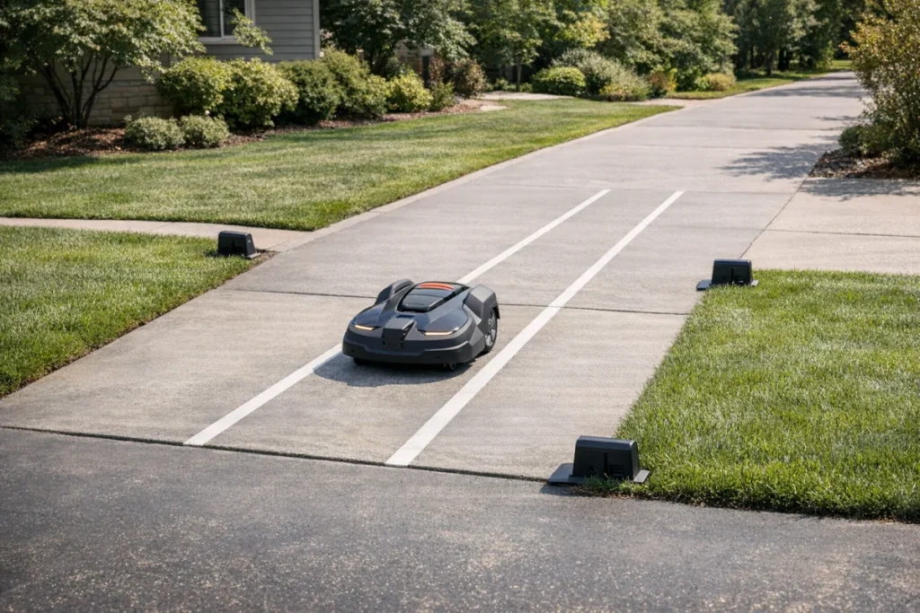 A wide, slightly elevated view of a robot mower traveling straight across a short, flat concrete driveway between two lawn areas, with a clear narrow corri