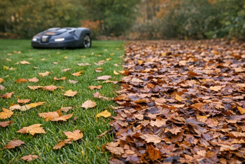 A close, ground-level view of two lawn conditions side by side: scattered dry leaves with grass blades and mowing lanes still visible, next to a dense wet