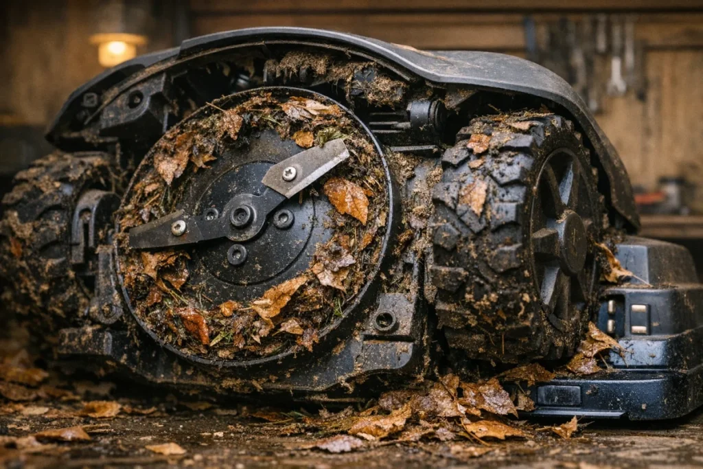 A close, non-branded view of a robot mower turned safely on its side with damp leaf fragments and clippings collected around the blade disc and wheels.