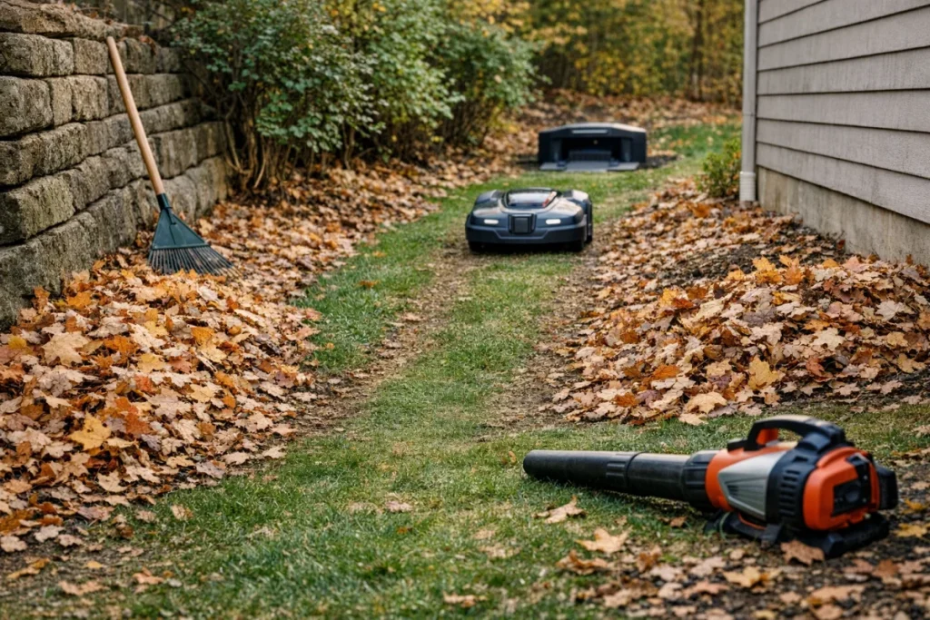 A robot mower dock and narrow return path with leaves raked or blown away from the dock entrance and passage, while unimportant leaf cover remains off to t
