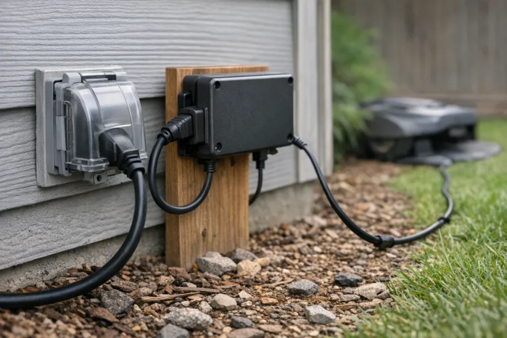 A close, non-branded outdoor setup showing a weatherproof wall receptacle with an in-use cover, the mower power supply mounted off the ground nearby, and a