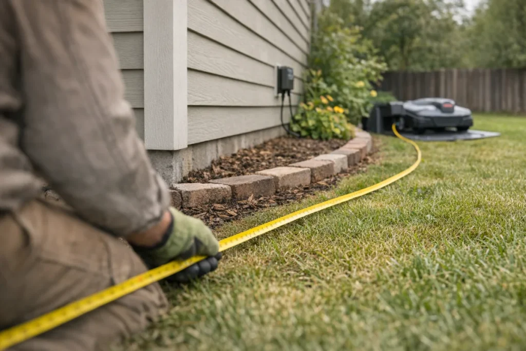 A ground-level view of a tape measure or layout string following the intended cable route around a house corner and garden bed to a robot mower dock, with