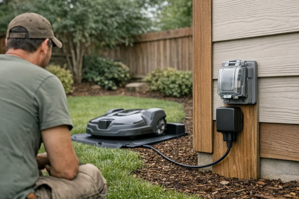 A weather-rated outdoor receptacle with an in-use cover mounted on an exterior wall or post near a robot mower dock, with the power supply kept above groun