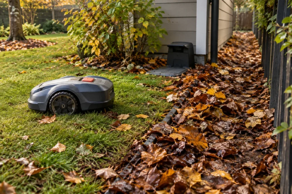 A fall lawn with heavy wet leaves gathered around a robot mower’s boundary edge, narrow passage, and charging station area, with the mower parked nearby.