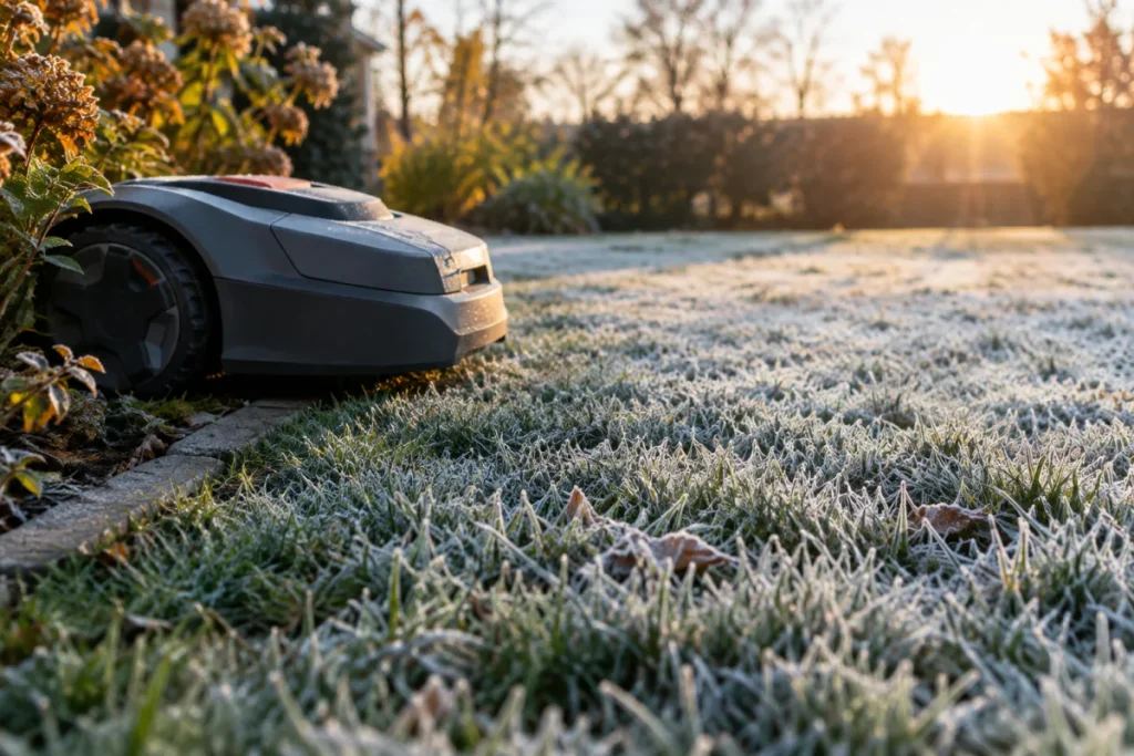 A robot mower parked off to the side of a lawn while nearby grass blades are visibly coated with white frost in early morning light.
